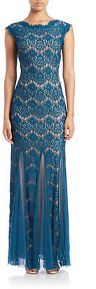 Betsy & Adam Plus Lace Overlay Mermaid Gown