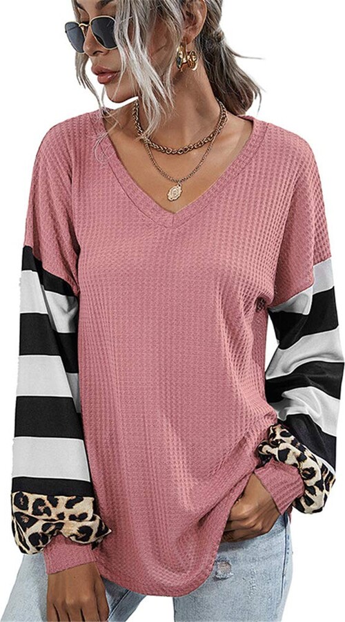 Womens Long Sleeve Tops,Womens Long Sleeve V Neck Leopard Print T Shirt Tie Front Color Block Waffle Knit Casual Tops 