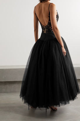 Monique Lhuillier Satin-trimmed Guipure Lace And Tulle Gown - Black