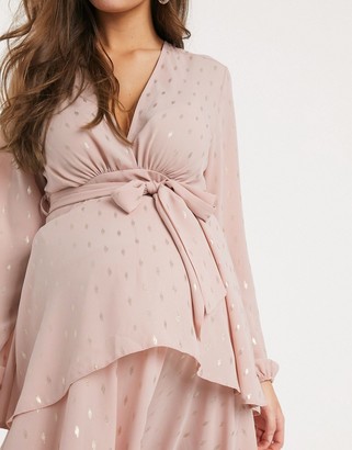 Queen Bee Maternity plunge front tiered midaxi dress with belt in metallic pink fleck print