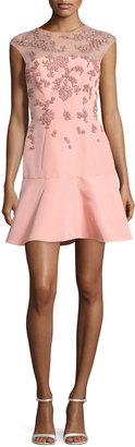 Monique Lhuillier Beaded Cap-Sleeve Illusion Dress, Rose Pink