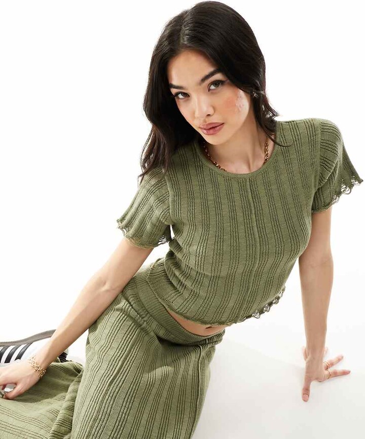 ASOS DESIGN knitted baby t-shirt in rib co-ord in khaki ShopStyle - Main Image