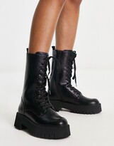 Thumbnail for your product : Stradivarius mid calf lace up moto boot in black