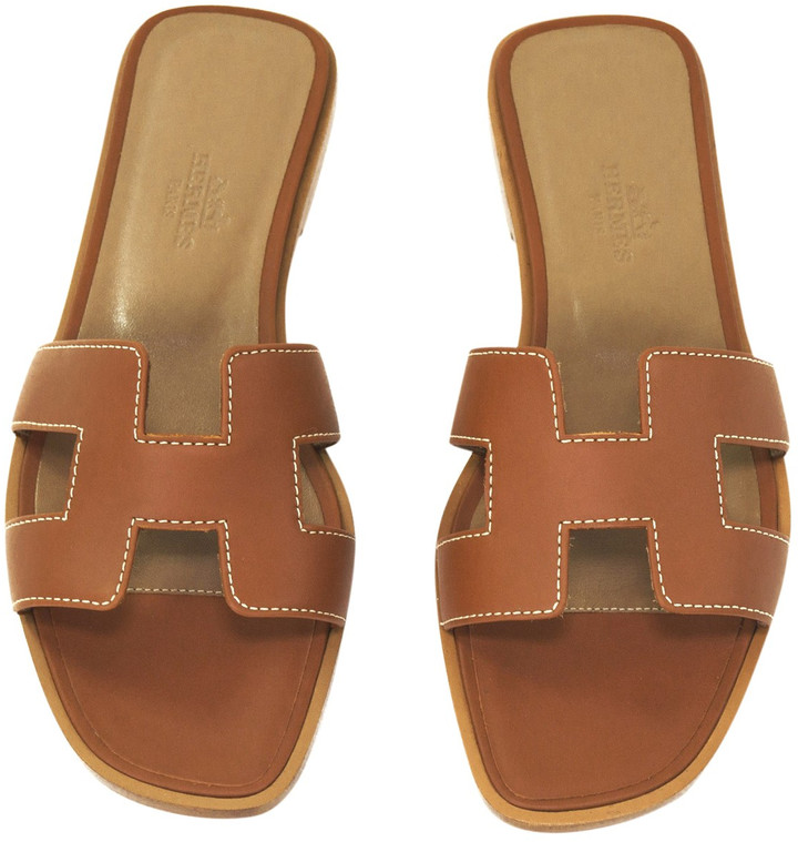 Hermes Oran Brown Leather Sandals - ShopStyle