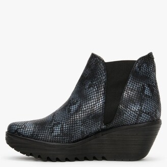 Fly London Woss Black & Grey Snake Leather Wedge Ankle Boots