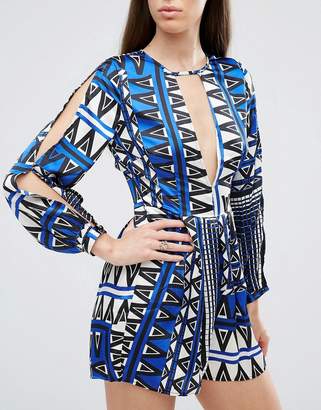 AX Paris Geometric Printed Playsuit With T Bar And Split Sleeve