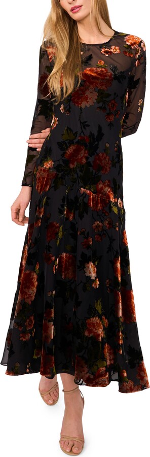 Floral Velvet Burnout Long Sleeve Dress