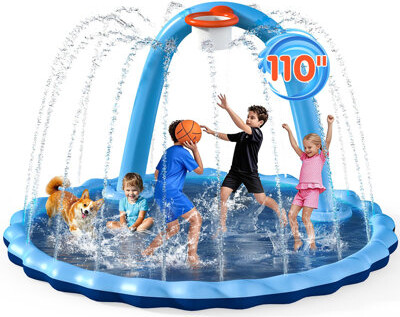 POGBUT 110" 2-in-1 Splash Pad and Basketball Hoop Water Toy, Large Inflatable Non-Slip Sprinkler Pool
