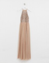 Thumbnail for your product : Maya Bridesmaid halter neck maxi tulle dress with tonal delicate sequins in taupe blush