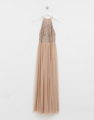 Maya Bridesmaid halter neck maxi tulle dress with tonal delicate sequins in taupe blush
