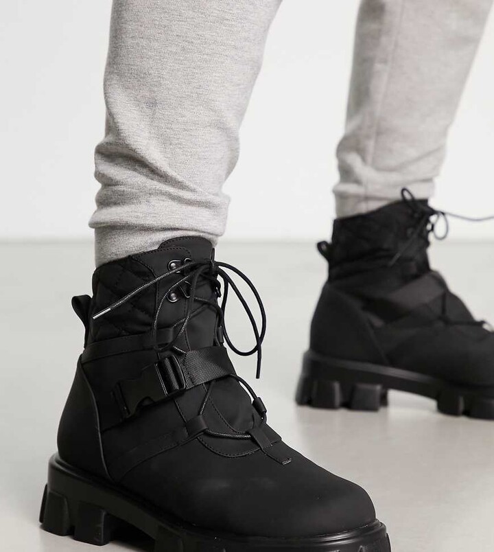 Public Desire Garrison buckle strap quilted laceup boots in black