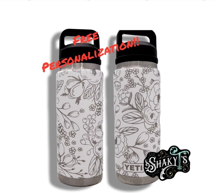26Oz - 360 Bold Floral Design Laser Engraved On A Yeti Bottle/Rambler With Chug Cap Or Matching Straw Lid