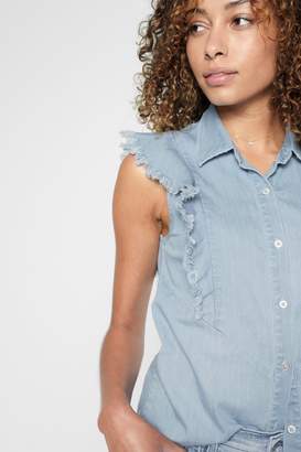 7 For All Mankind Sleeveless Ruffled Denim Shirt In Skyway Authentic Blue