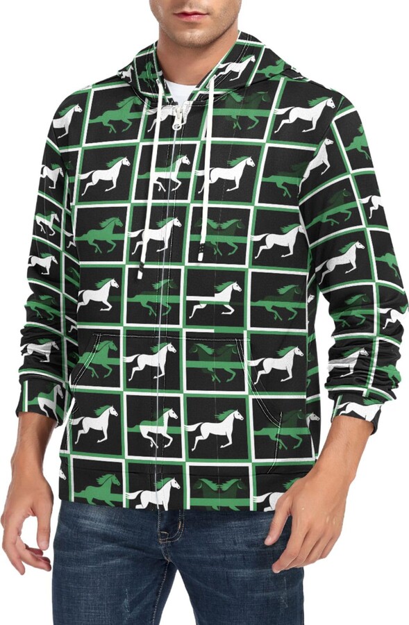 CUPADA Mens Full Zip Hoddie Green White Horse Grid Long Sleeve Casual Sweatshirt with Pocket Jacket Fall Winter Coat