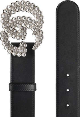 Black Leather Belt With Double G Buckle & Sparkling Crystals