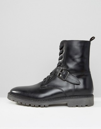 ASOS Lace Up Boots In Black Leather With Strap Detail
