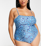 Thumbnail for your product : Brave Soul Plus square neck swimsuit with adjustable straps in blue swirl print