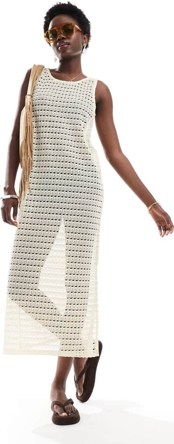 Pieces open knit cover-up maxi dress in cream