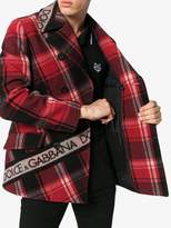 Thumbnail for your product : Dolce & Gabbana double breasted logo tape tartan wool blend pea coat