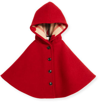Burberry Rosa Hooded Button-Front Wool Cape, Windsor Red, Size S