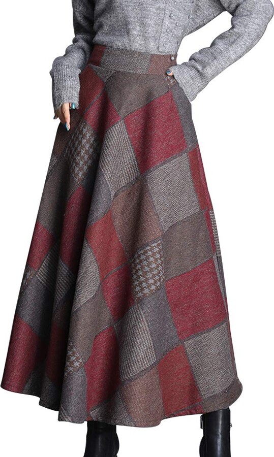 Moviendress Women Winter Maxi Skirts Long Wool Warm Lined Pleated A