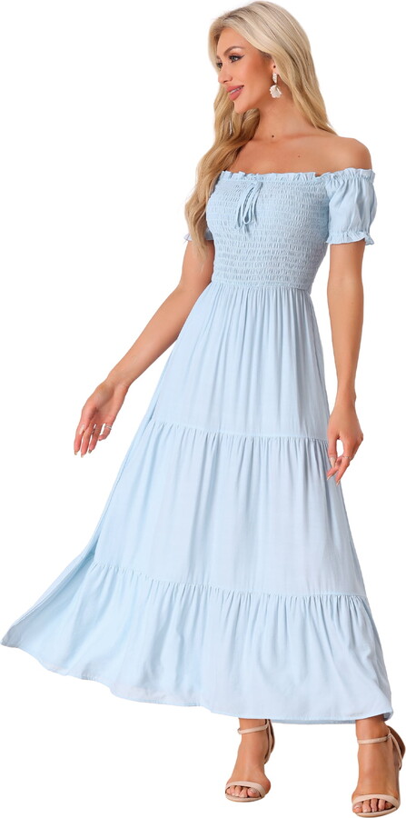 DARING DIVA Smocked Tiered Boho Swing Off Shoulder Dress XS Blue