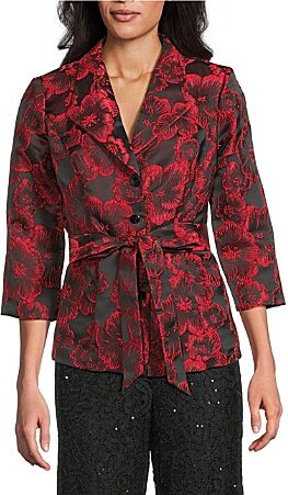 Alex Evenings Jacquard Floral Print 34 Sleeve Tie Waist Button Front Blouse