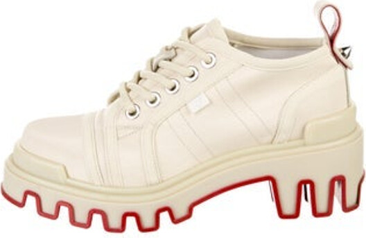 Christian Louboutin Canvas Oxfords Neutrals Spike Accents Round-Toes Platform Lace-Up Closure at Uppers Includes Box & Dust Bag Designer