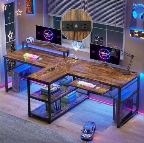 RUOCLRIS SEDETA 94.5' Home Office Desks, Computer Gaming Desk with Storage, LED Lights, Power Strip with USB, Keyboard Tray & Monitor Stand, Extra Long...