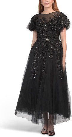 Flutter Sleeve Sequin And Bead Embellished Tea-length Dress for Women | Polyester