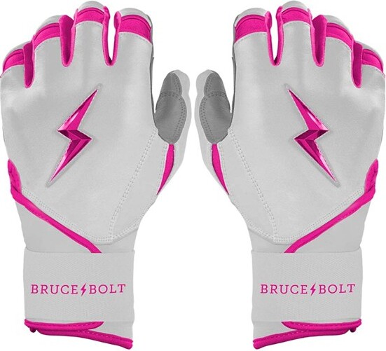 Boys' Bruce Bolt Chrome Series Long Cuff Baseball Batting Gloves Pink Large