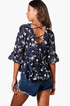 boohoo Tall Bethany Floral Lace Up Ruffle Woven Blouse
