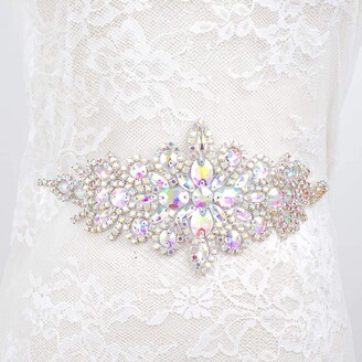 DUOBAO Rhinestone Pearl Bead Applique Iridescent Rhinestone Appliques for Dresses Vintage Crystal Bridal Sash Wedding Dress Belt