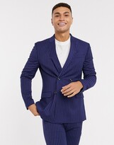 Thumbnail for your product : Topman super skinny double breasted suit jacket in blue pinstripe