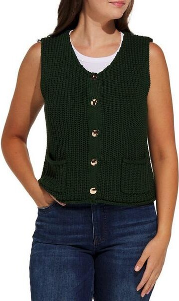 Gilli Women's Sweater Vest Gold Button Front Small Dark Green