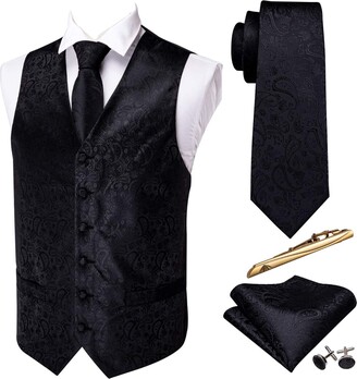 Hi-Tie 5PCS Vest Necktie Handkerchief Cufflinks Lapel Pin Set Jacquard Silk Formal Dress Vest Suit Set for Tuxedo S-3XL 