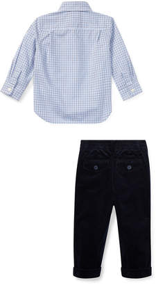 Ralph Lauren Childrenswear Woven Tattersall Button-Down Top w/ Velvet Pants, Size 6-24 Months