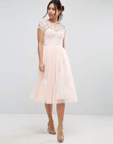 Thumbnail for your product : Little Mistress Short Sleeve Lace Bodice Midi Dress With Tulle Skirt