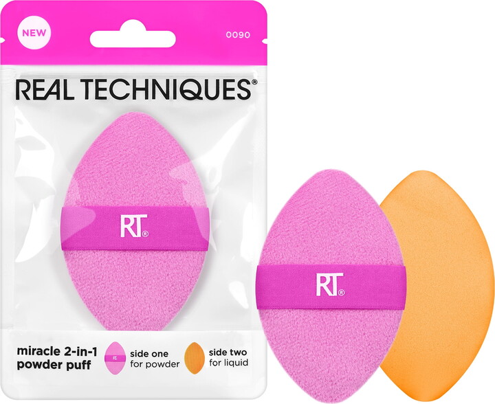 Real Techniques Miracle 2-in-1 Powder Puff, Dual-Sided Makeup Puff & Sponge, Multi Color, 1 Count