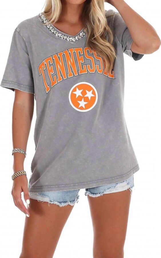 Gameday Couture Jeweled Rhinestone V-Neck Tee In Grey
