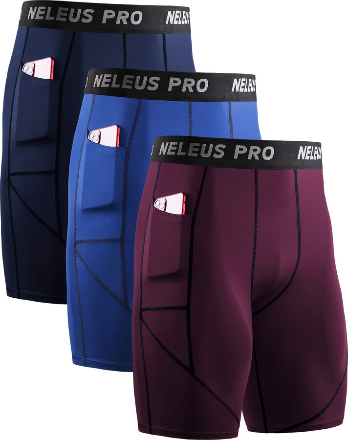 Neleus Men's 3 Pack Running Compression Shorts with Pockets 