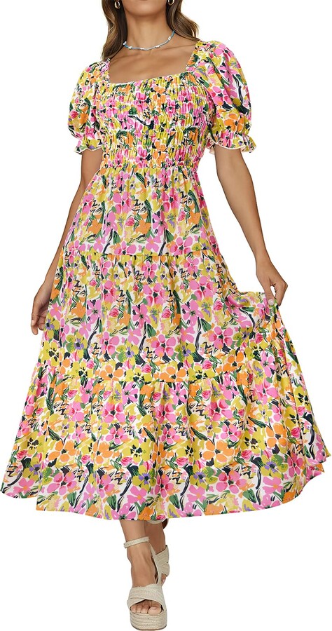 PRETTYGARDEN Women's Boho Floral Print Summer Dresses Square Neck