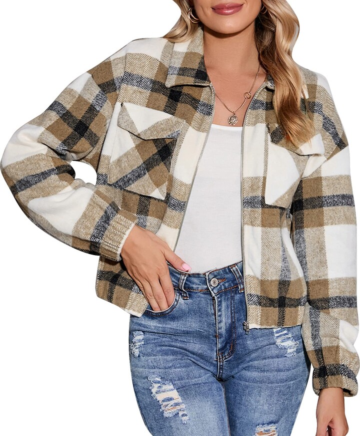 Kissonic Womens Cropped Plaid Shacket Flannel Long Sleeve Zip Up Shirt