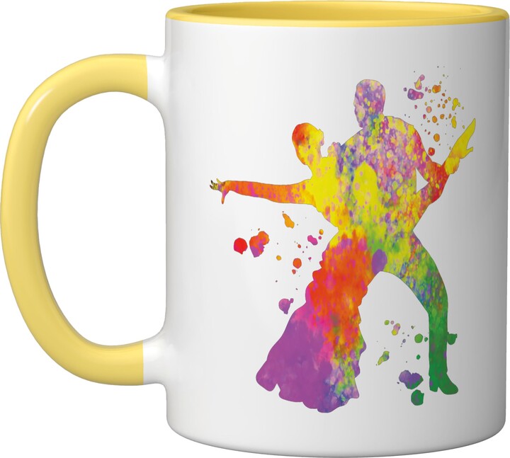 Samba Latin Dance Class Merchandise Latin Dancing Couple Watercolor Rumba Dancer Ceramic Mug, Yellow/White