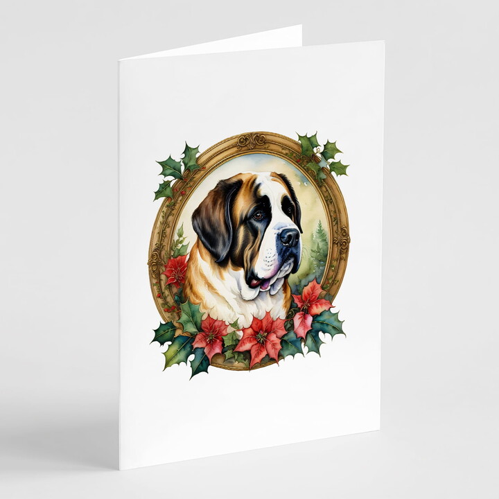 Saint Bernard Christmas Flowers Greeting Cards Pack of 8 7 in x 5 in