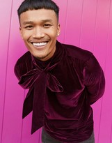 Thumbnail for your product : ASOS DESIGN regular fit velvet shirt with pussybow neck tie in deep purple