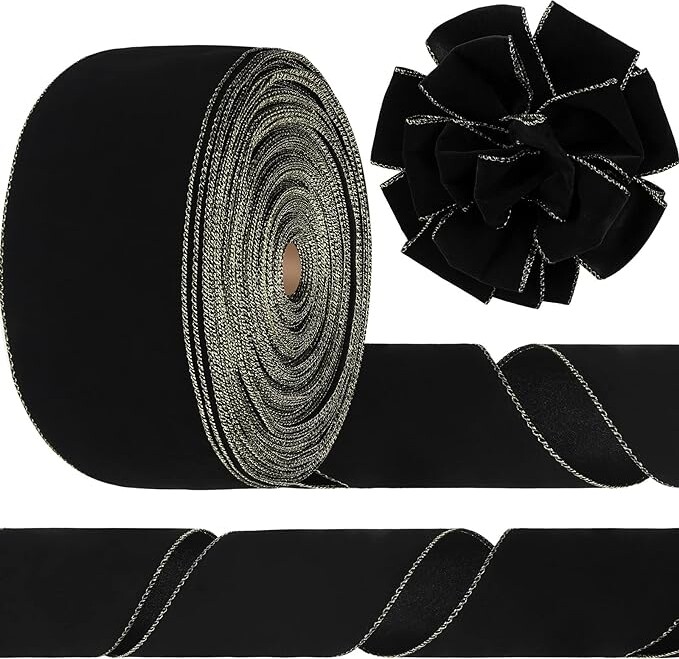 Christmas Wired Velvet Ribbon with Gold Edge Velvet Waterproof Ribbon Wrapping Velvet Decoration Ribbon for Xmas Wreath Bows Floral Craft Ornaments (Black, Gold, 4 Inch x 100 Yard)