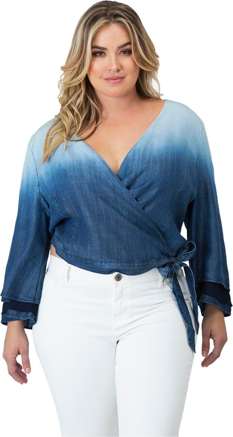 Standards & Practices Plus Size Dip Dye Bell Sleeve Denim Wrap Crop Top