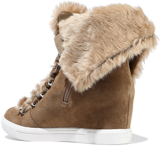Donna Karan Cristin Faux Fur-trimmed Suede Wedge Sneakers