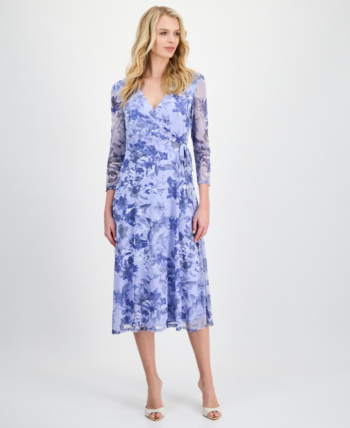 Connected Women's Floral Mesh-Sleeve Side-Tie Wrap Dress